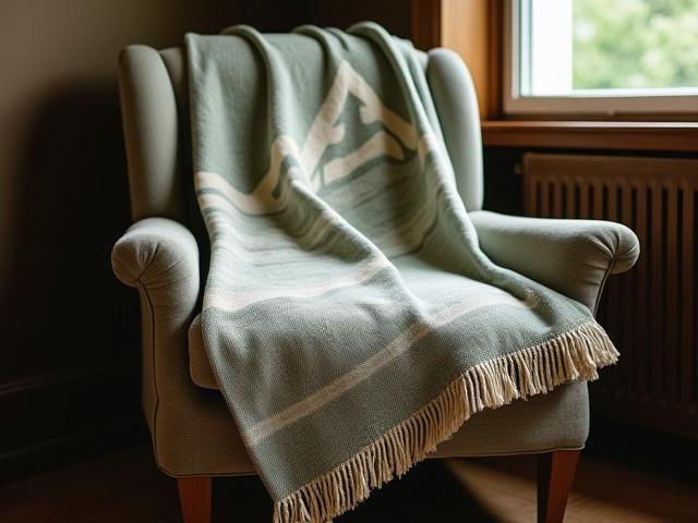 Hand-woven throw blanket with abstract mountain patterns and earthy tones